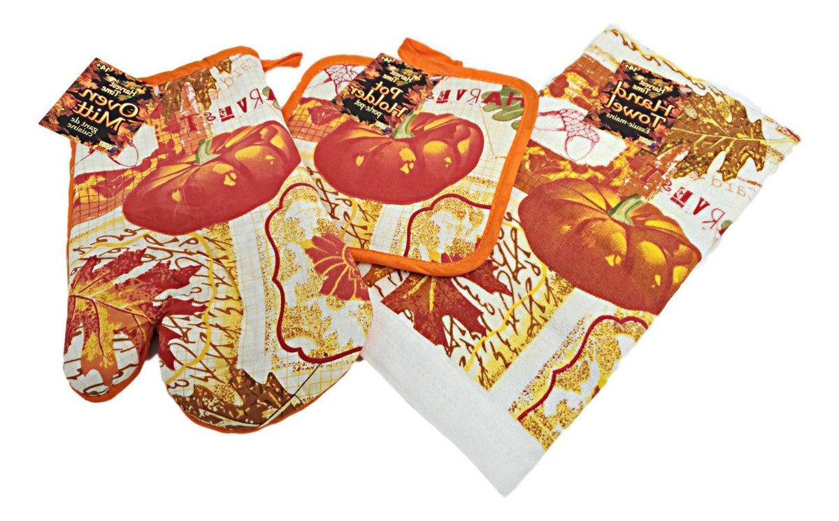 Autumn Harvest Kitchen Linen Set with Printed Oven Mitt Towel and Potholder