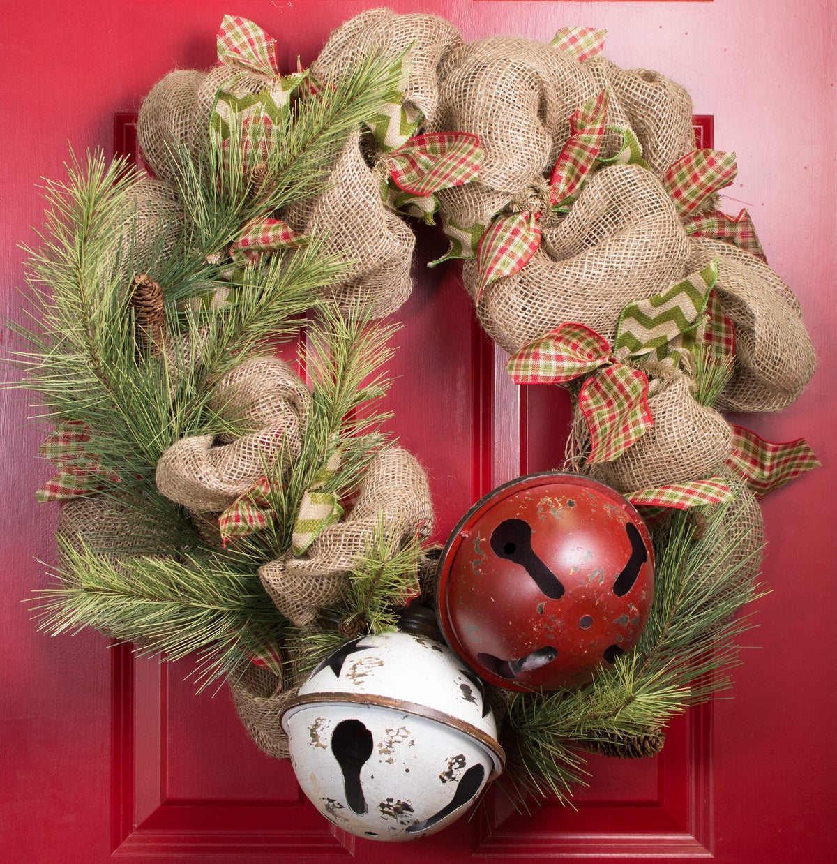 Large White Metal Jingle Bell Holiday Ornament with Star Cutouts and Hanging Jute Rope