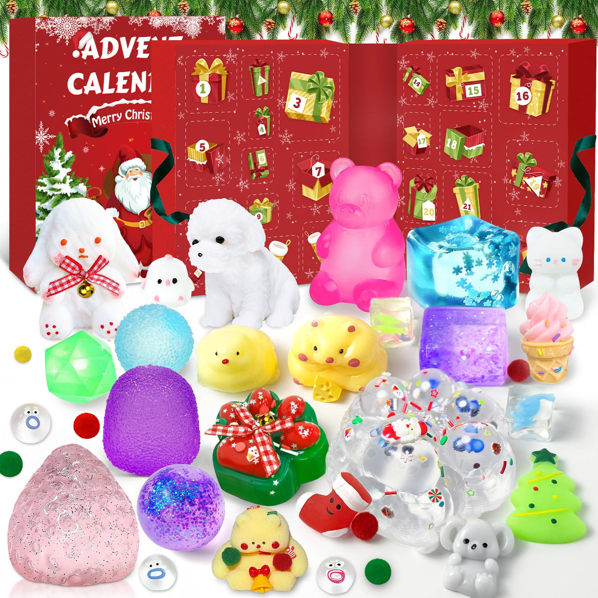 Advent Calendar with 24 Squishy Toys and Wide Display Box for Kids Ages 3+