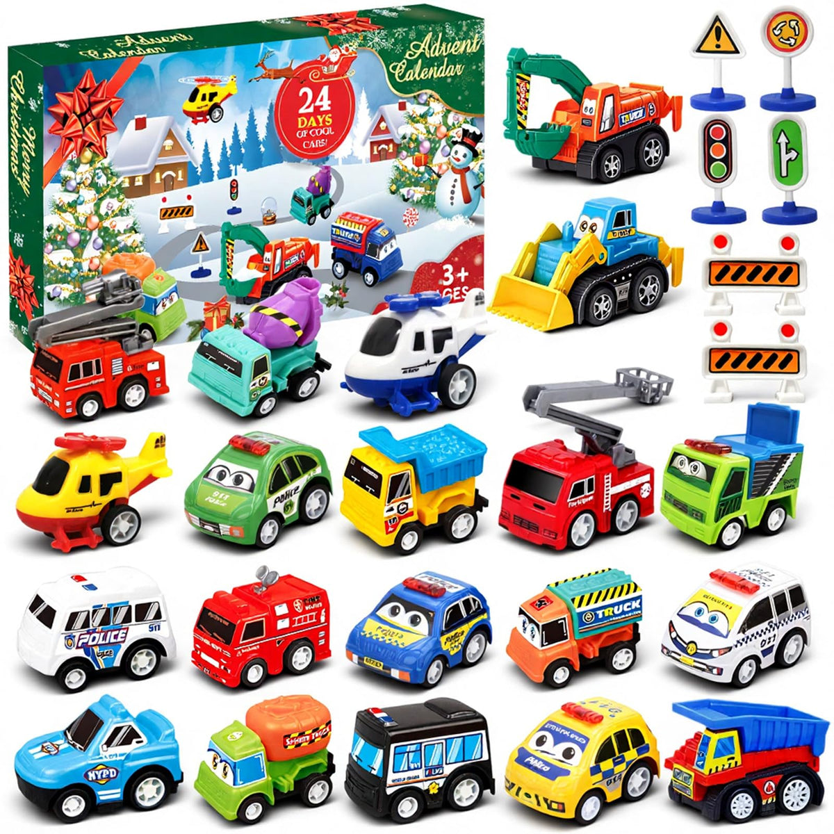 Pull Back Vehicle Advent Calendar with 21 Toy Cars and 3 Traffic Sign Sets