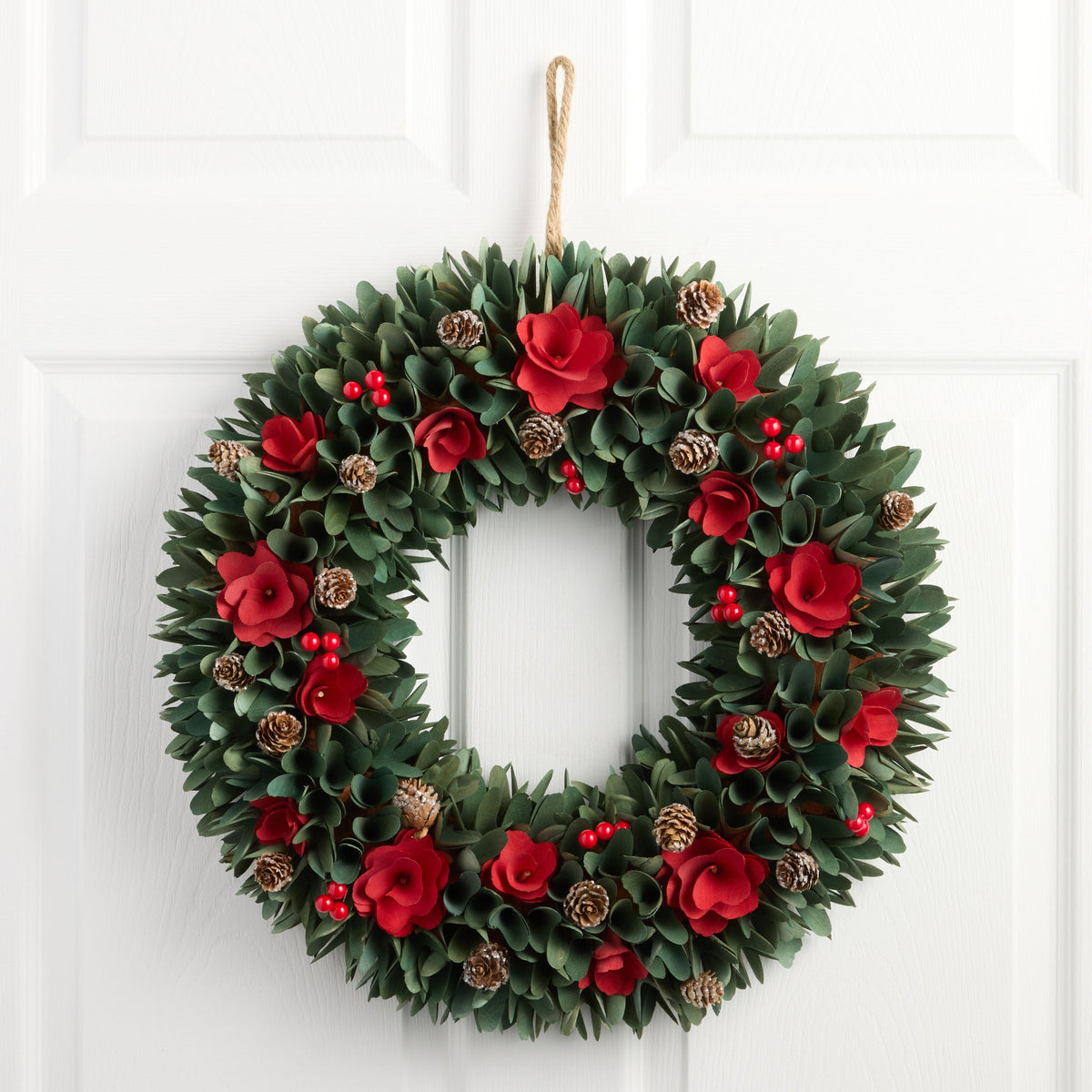 Wood Curl Christmas Wreath with Red Flowers and Pinecones, 20 Inches All Vera Mart