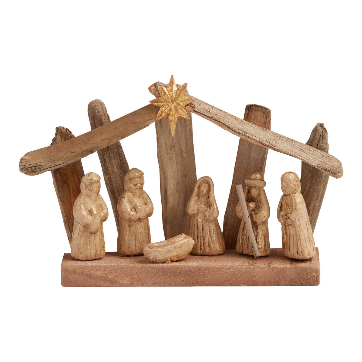 Driftwood Nativity Scene with Gold Washed Figures and Metal Star, 10 Inches Wide