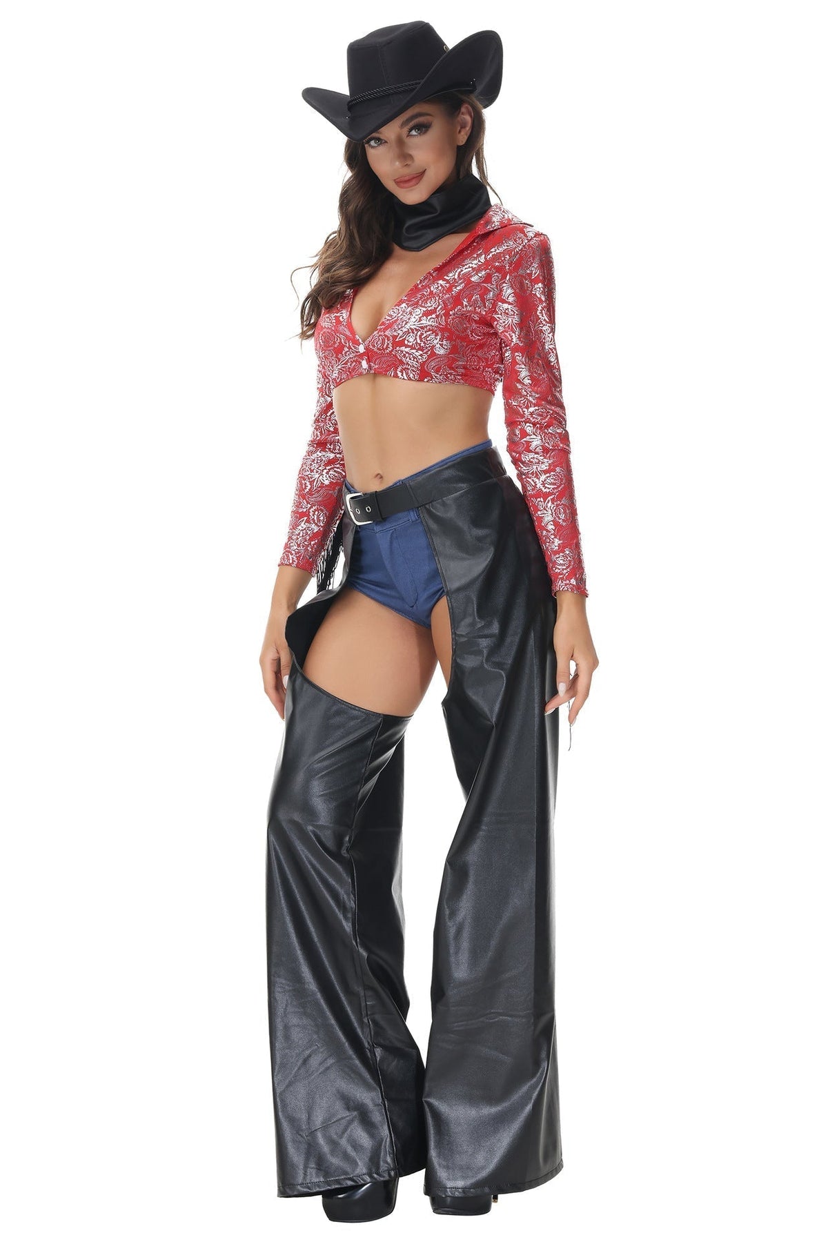 Cowgirl Costume with Red Silver Floral Top, Black Fringe, Open Side Pants, and Hat Option