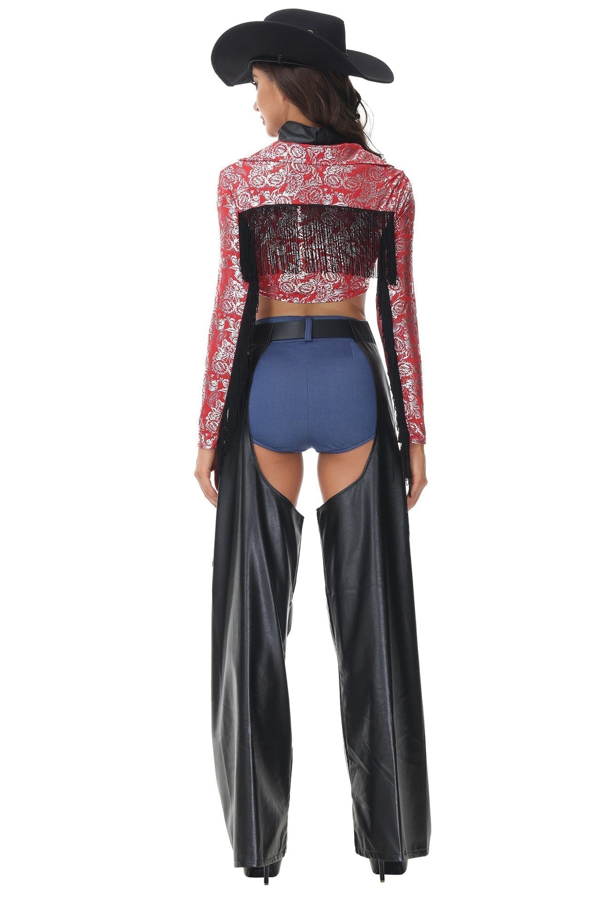 Cowgirl Costume with Red Silver Floral Top, Black Fringe, Open Side Pants, and Hat Option