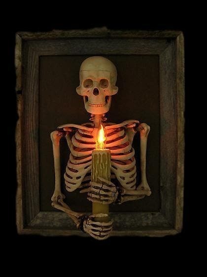 Framed 3D Skeleton Wall Art with Flickering Candle Light and Shadow Box Display