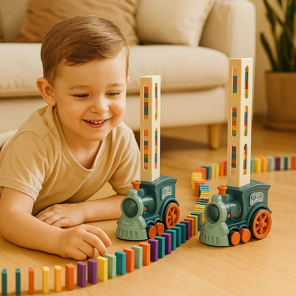 Motorized Domino Train with Automatic Placement and Multicolored Pieces