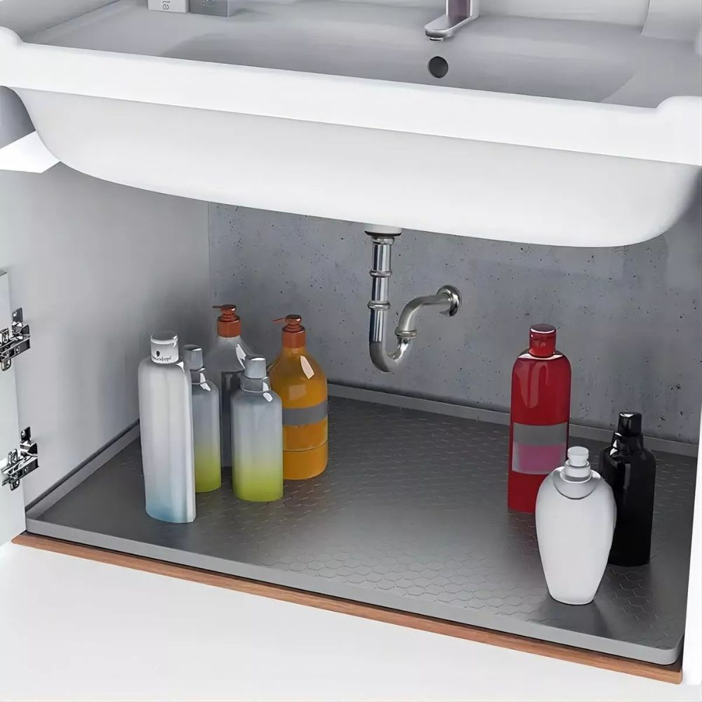 Silicone Under Sink Cabinet Mat with Raised Edges and Trimmable Design