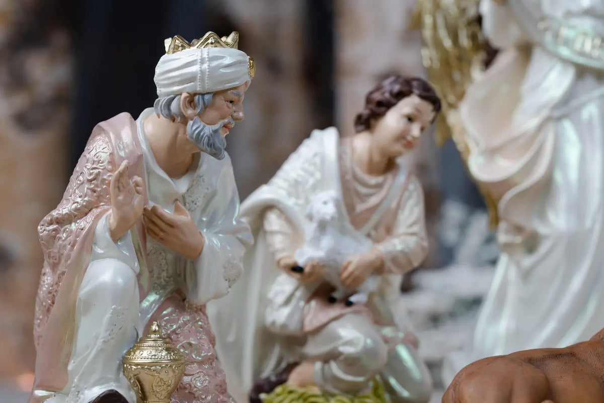 Eleven Piece Blush Pink and Ivory Nativity Set with a Gloria Banner Angel and a Pearlized Finish in Three Sizes