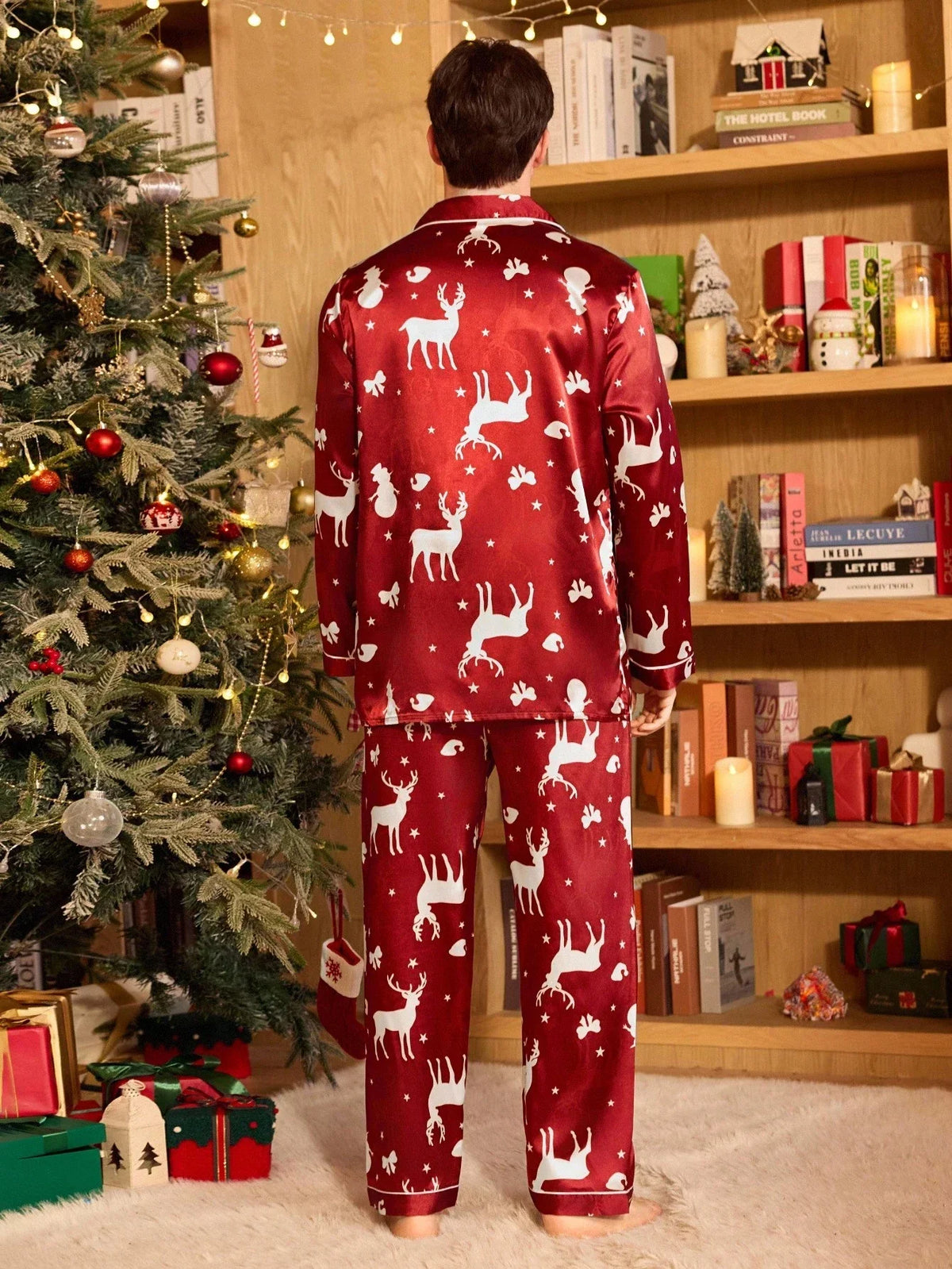 Satin Pajama Set with Button Front Top and Loose Pants, Long Sleeve