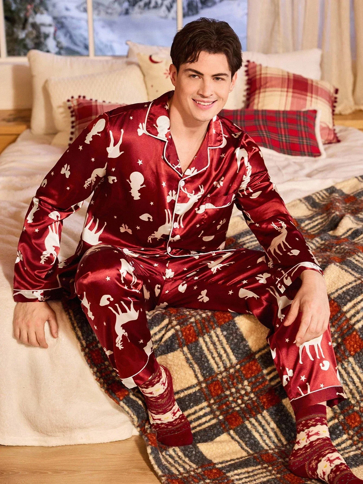 Satin Pajama Set with Button Front Top and Loose Pants, Long Sleeve