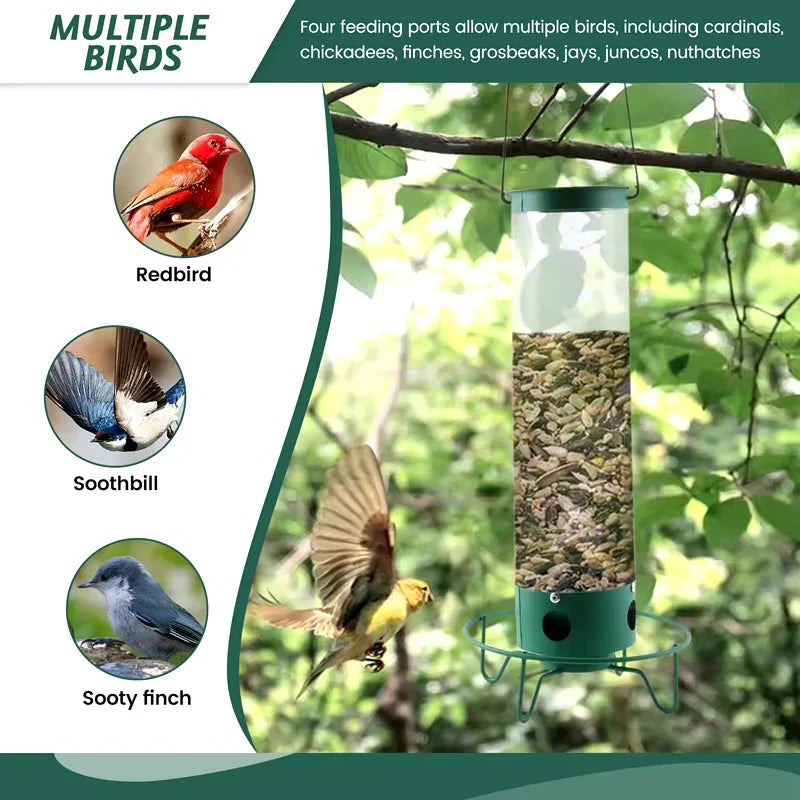 Rotating Perch Bird Feeder with Weight-Activated Spinning and Four Feeding Ports