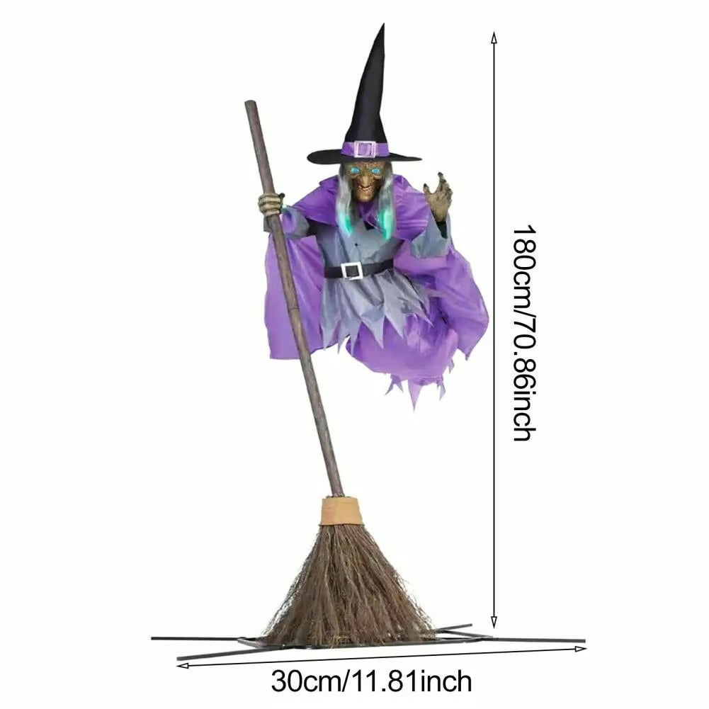 Witch Yard Decoration 6 Foot Tall with Floating Broom Effect and Scary Face Details
