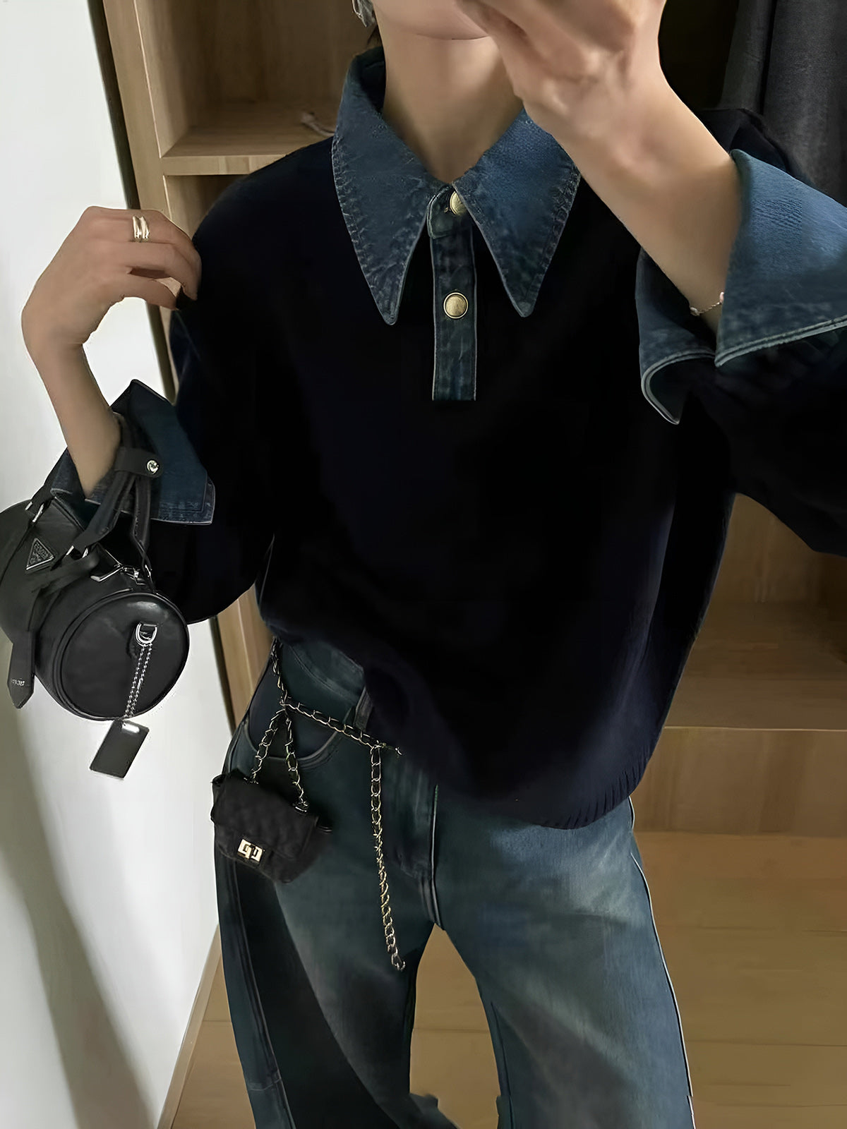 Button Front Sweater with Denim Collar and Metal Buttons, Shift Fit