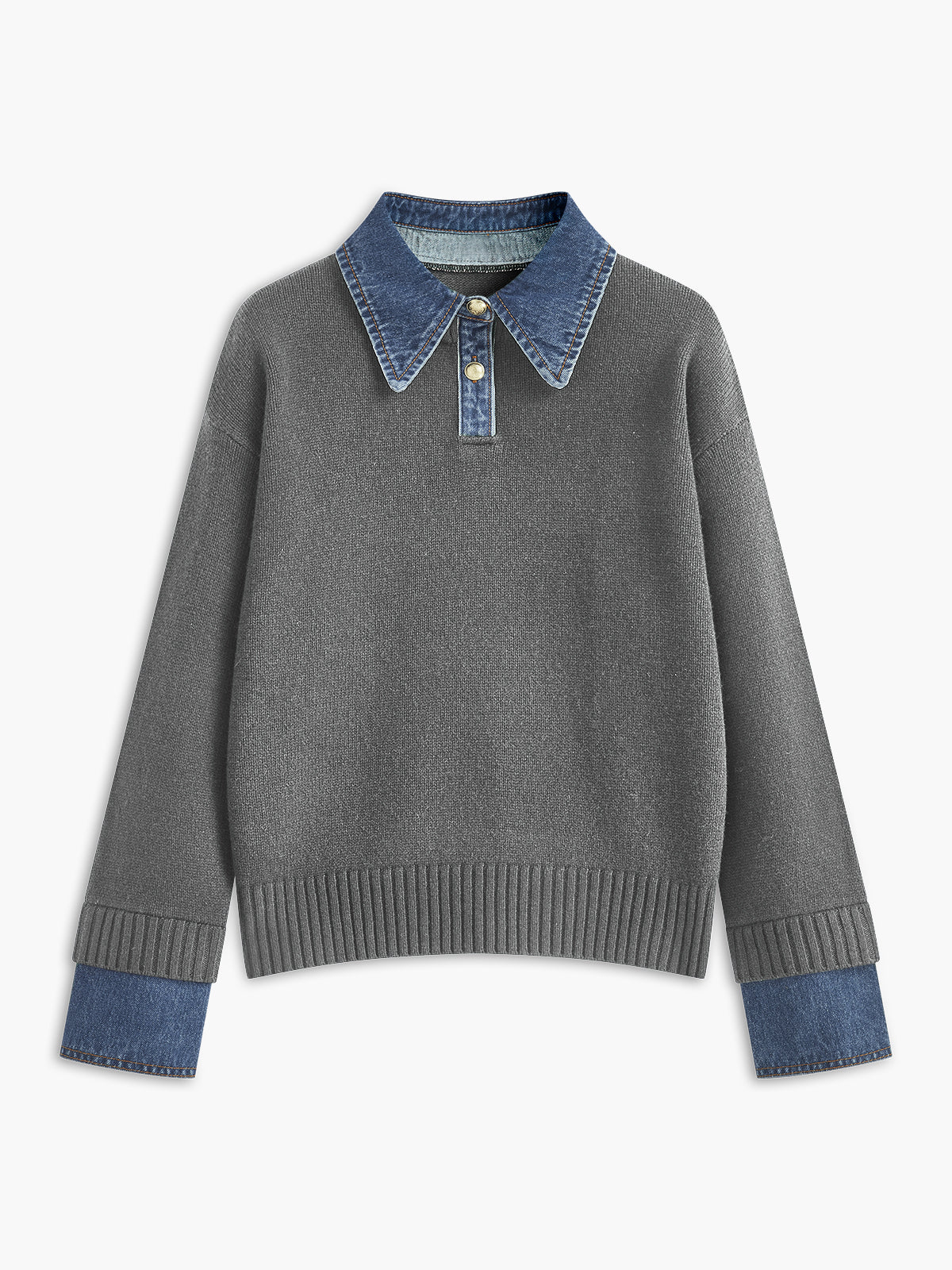 Button Front Sweater with Denim Collar and Metal Buttons, Shift Fit