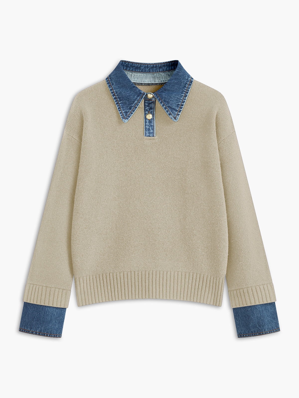 Button Front Sweater with Denim Collar and Metal Buttons, Shift Fit
