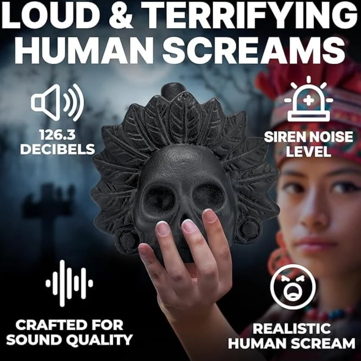 Ceramic Skull Whistle with Dual Chamber Sound System, 126.3dB Output