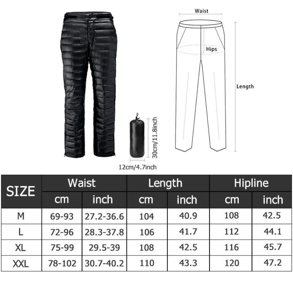Insulated Down Pants with Side Zippers and Goose Down Filling for Winter Hiking