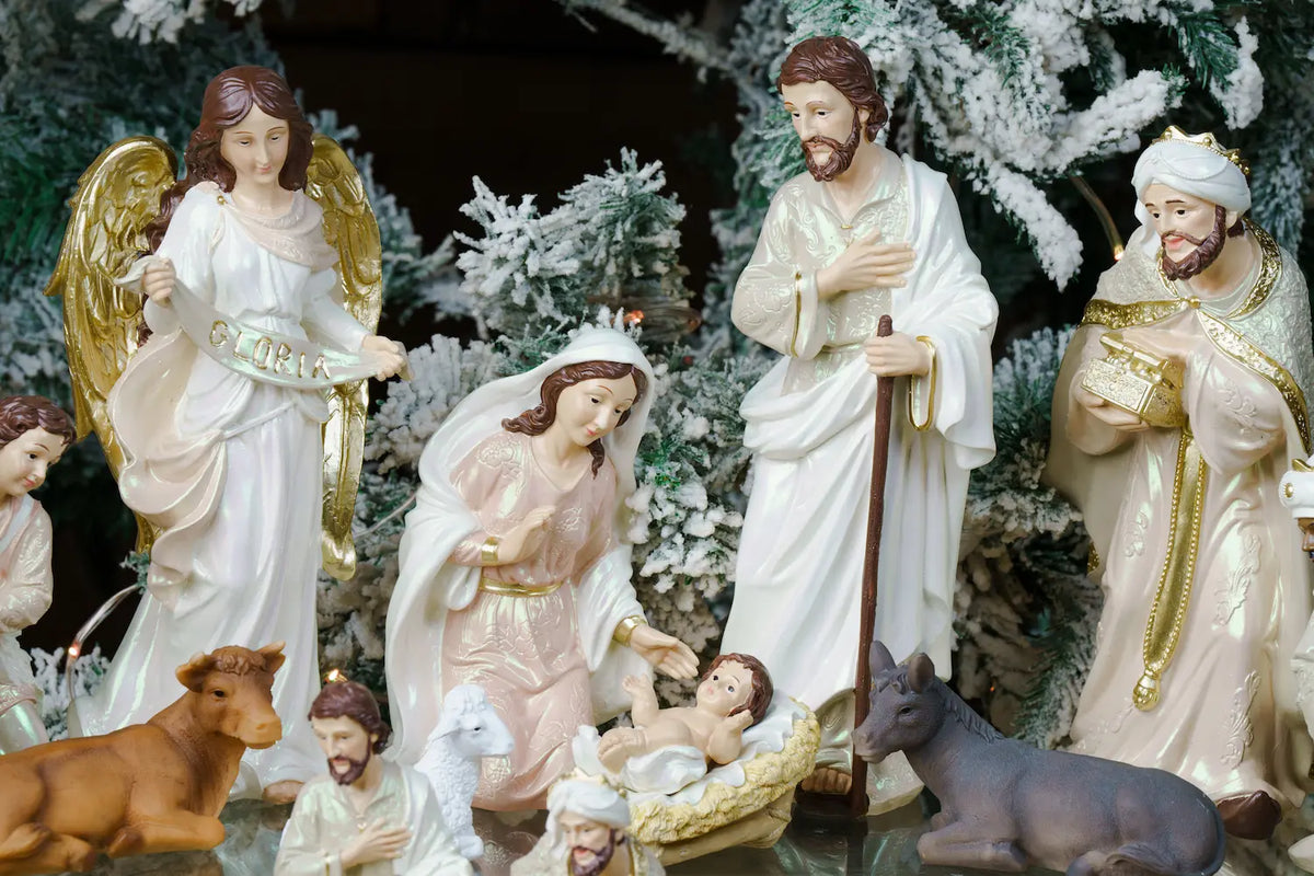 Eleven Piece Blush Pink and Ivory Nativity Set with a Gloria Banner Angel and a Pearlized Finish in Three Sizes