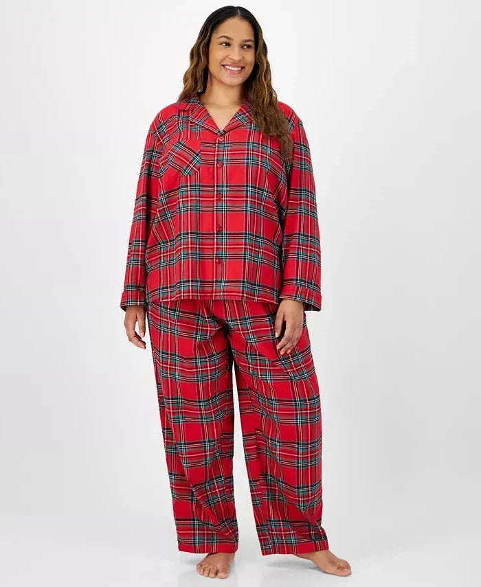 Flannel Pajama Set with Plaid Pattern and Drawstring Waist, Machine Washable