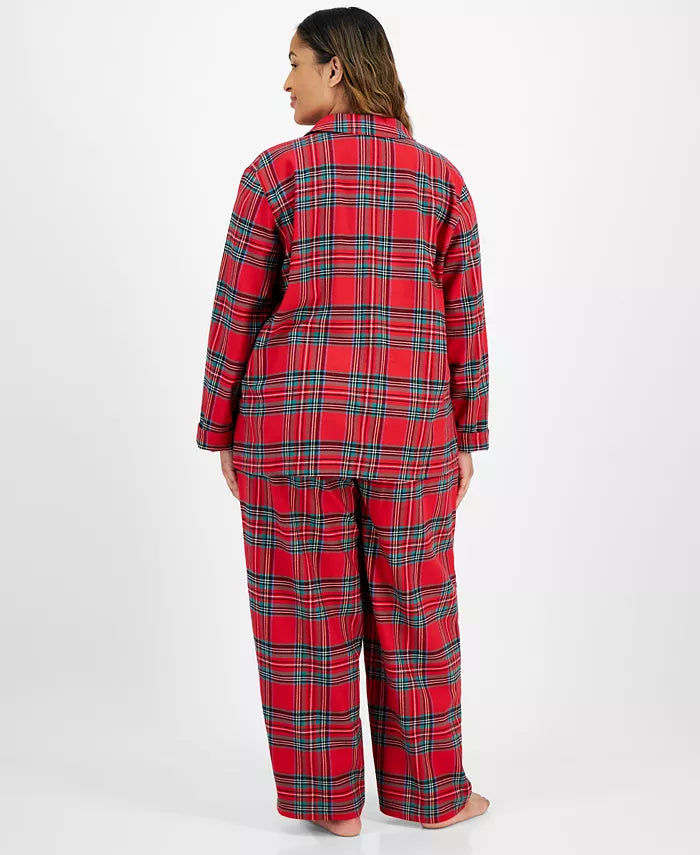 Flannel Pajama Set with Plaid Pattern and Drawstring Waist, Machine Washable