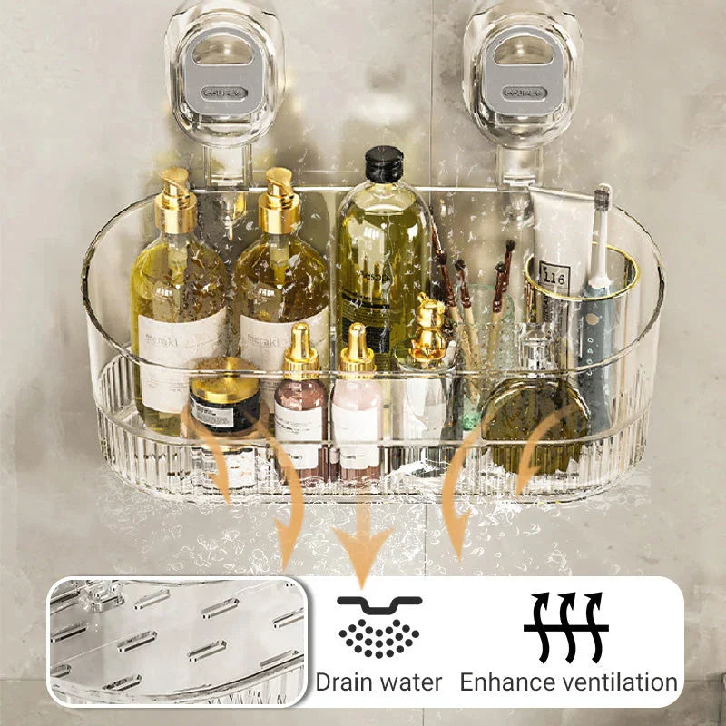 Wall-Mounted Suction Cup Bathroom Storage Rack with Open Basket Design