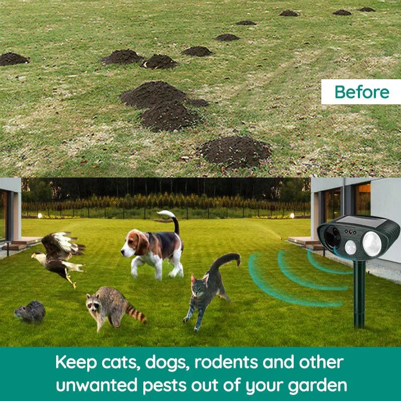 Solar Powered Ultrasonic Animal Repeller with Motion Sensor for Gardens Ponds and Lawns