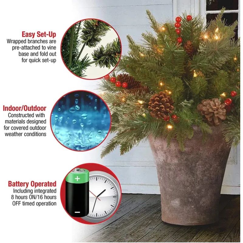 LED Holiday Spray with Warm White Lights and Timer for Urn Fillers