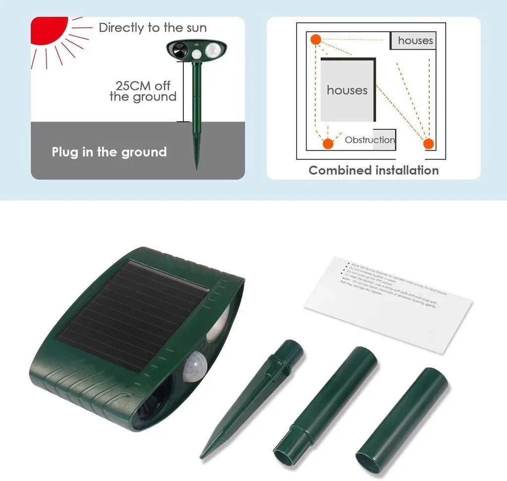 Solar Motion-Activated Animal Repeller with Dual Ultrasonic Speakers and LED Flash, 4-Pack