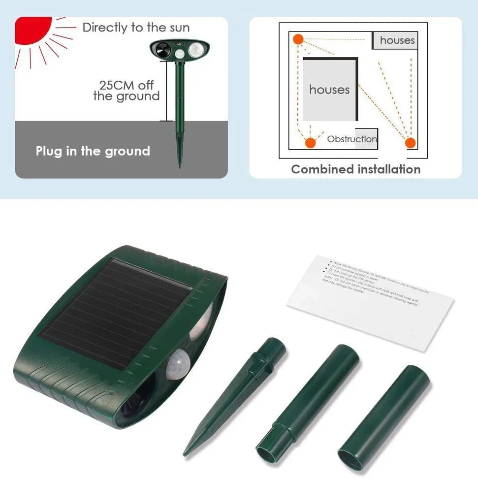 Solar Motion-Activated Animal Repeller with Dual Ultrasonic Speakers and LED Flash, 4-Pack