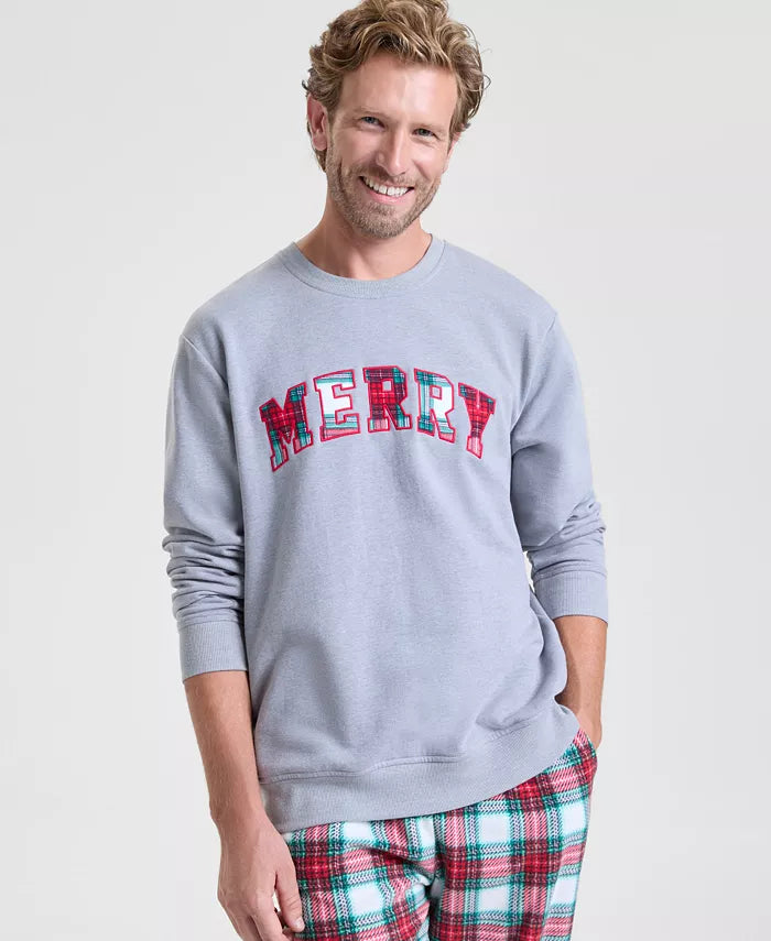 Crewneck Sweatshirt with Plaid Merry Appliqué and Long Sleeves, Hip Length
