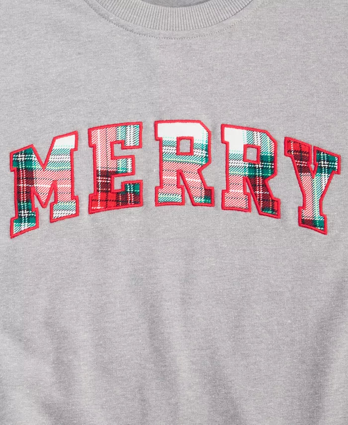 Crewneck Sweatshirt with Plaid Merry Appliqué and Spandex Blend, Long Sleeves