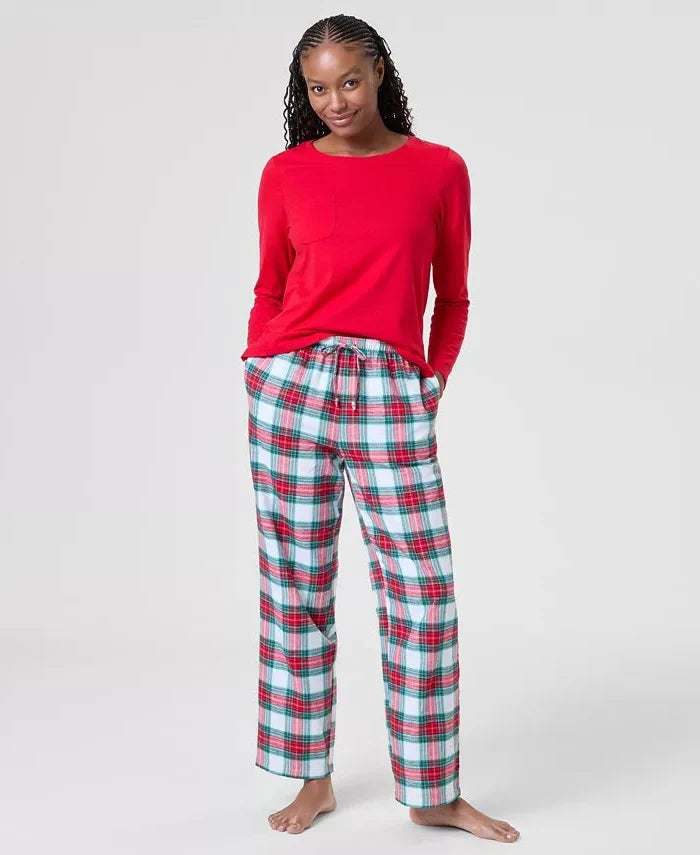 Women's Flannel Pajama Top and Pants with Plaid Design, Side Pockets