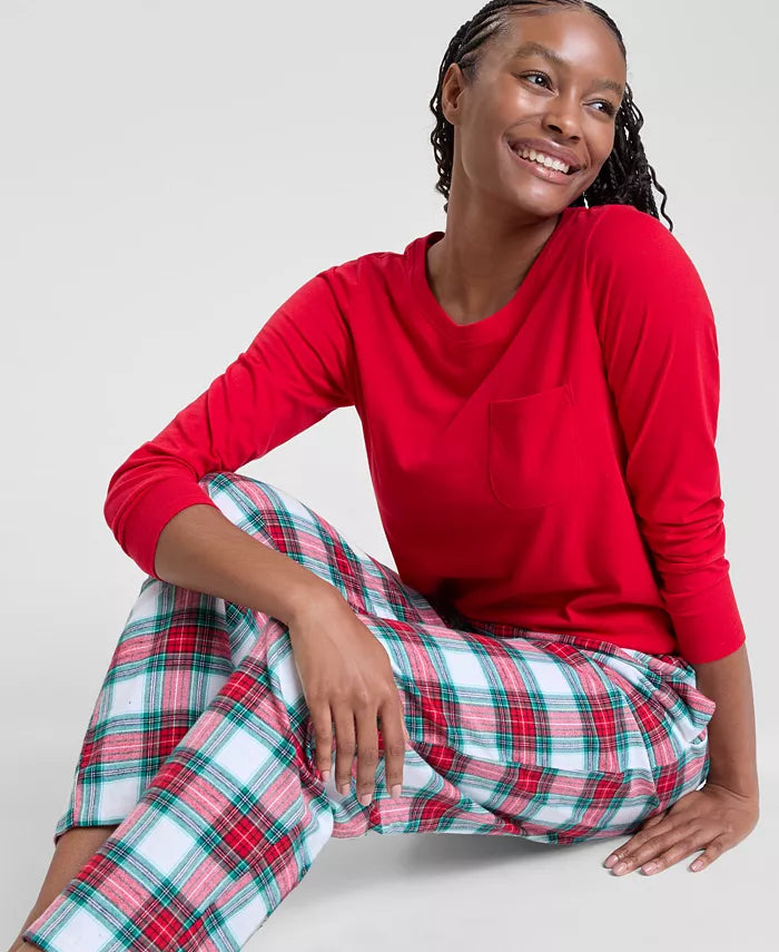 Women's Flannel Pajama Top and Pants with Plaid Design, Side Pockets