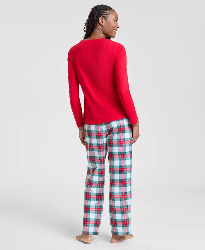 Women's Flannel Pajama Top and Pants with Plaid Design, Side Pockets