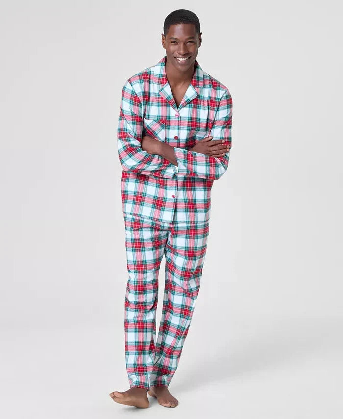 Plaid Pajama Set with Button Front Top and Drawstring Pants, Side Pockets