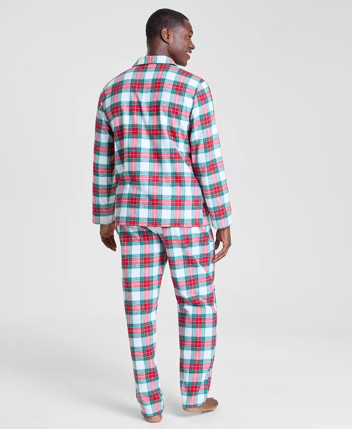 Plaid Pajama Set with Button Front Top and Drawstring Pants, Side Pockets