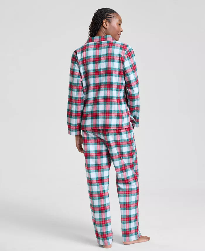 Cotton Plaid Pajamas with Button Front Top and Drawstring Waist, Chest Pocket