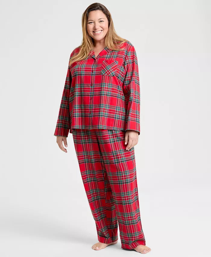 Flannel Pajama Set with Plaid Pattern and Drawstring Waist, Machine Washable