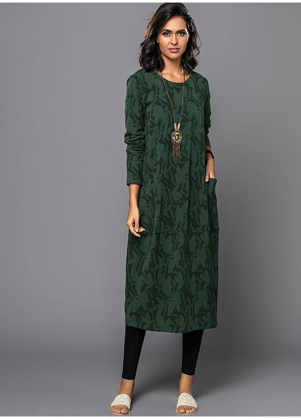 Dress with Long Sleeves and Deep Side Pockets, Floral Cotton Blend