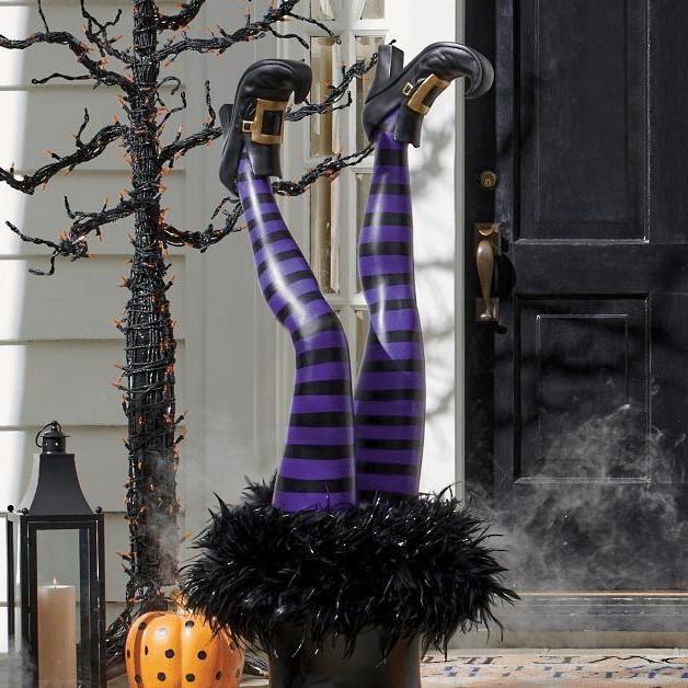 Witch Leg Garden Stakes with Orange and Purple Stripes, Set of 2 Pairs