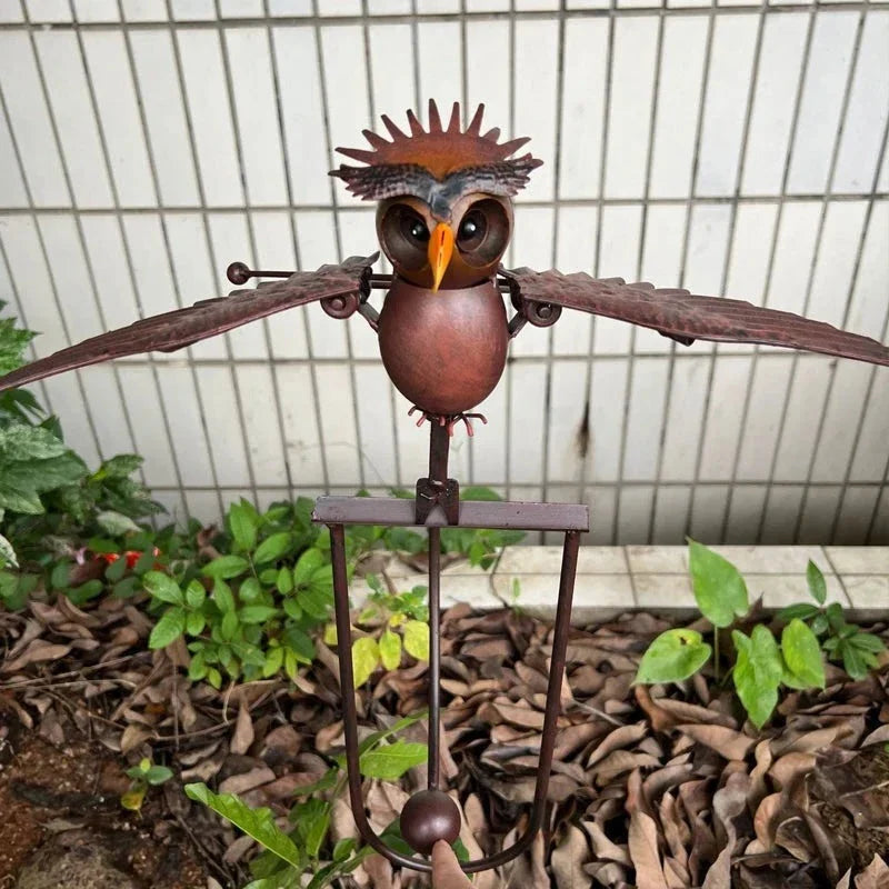 Metal Bird Garden Stake with Wind Activated Wings and Bearing Guided Motion