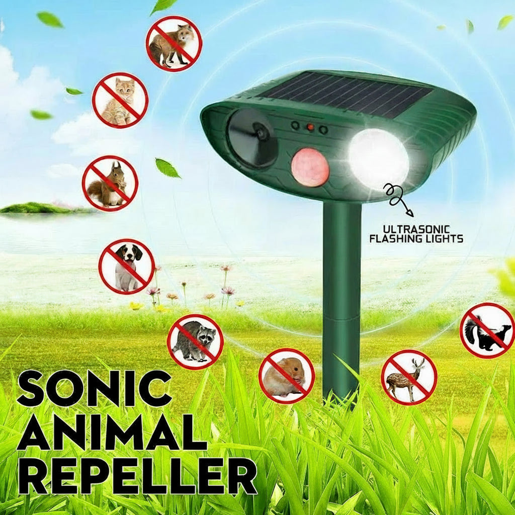 Solar Motion-Activated Animal Repeller with Dual Ultrasonic Speakers and LED Flash, 4-Pack