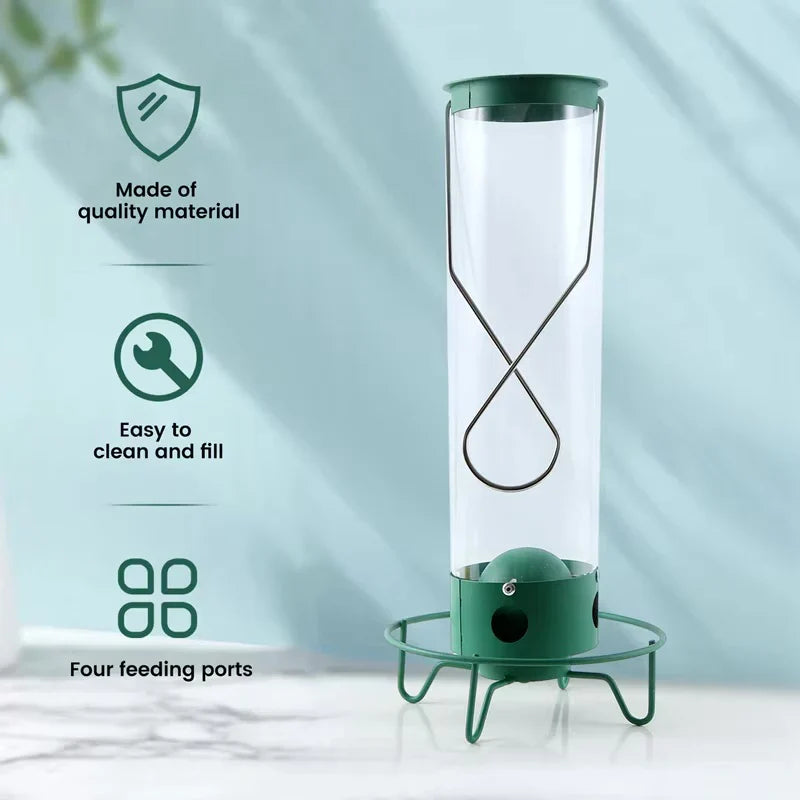 Rotating Perch Bird Feeder with Weight-Activated Spinning and Four Feeding Ports