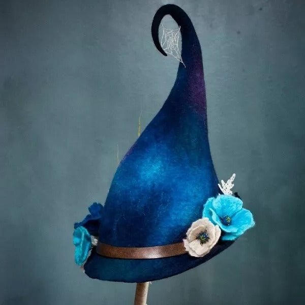 Merino Wool Witch Hat with Hand Dyed Silk Chiffon and Adjustable Fit