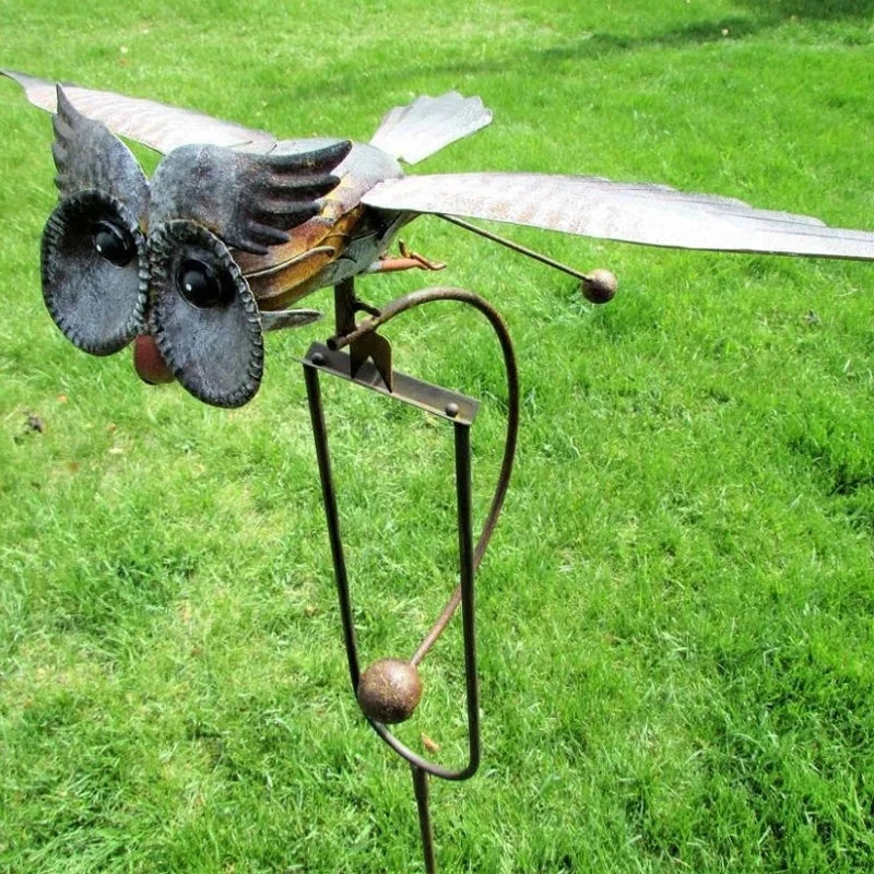 Metal Bird Garden Stake with Wind Activated Wings and Bearing Guided Motion