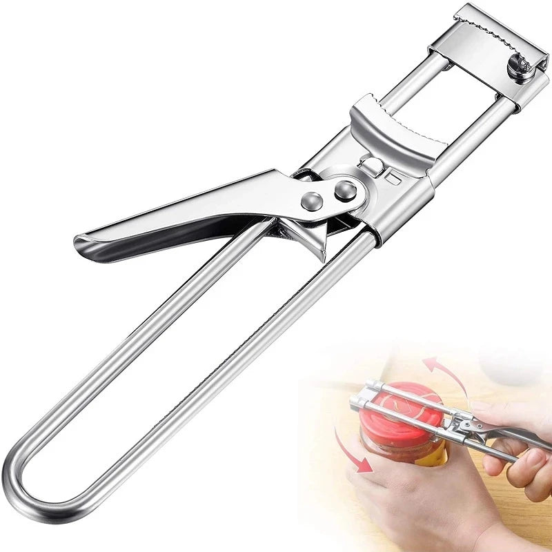 Universal Stainless Steel Jar Opener with Adjustable Sliding Jaw and Lever Handle