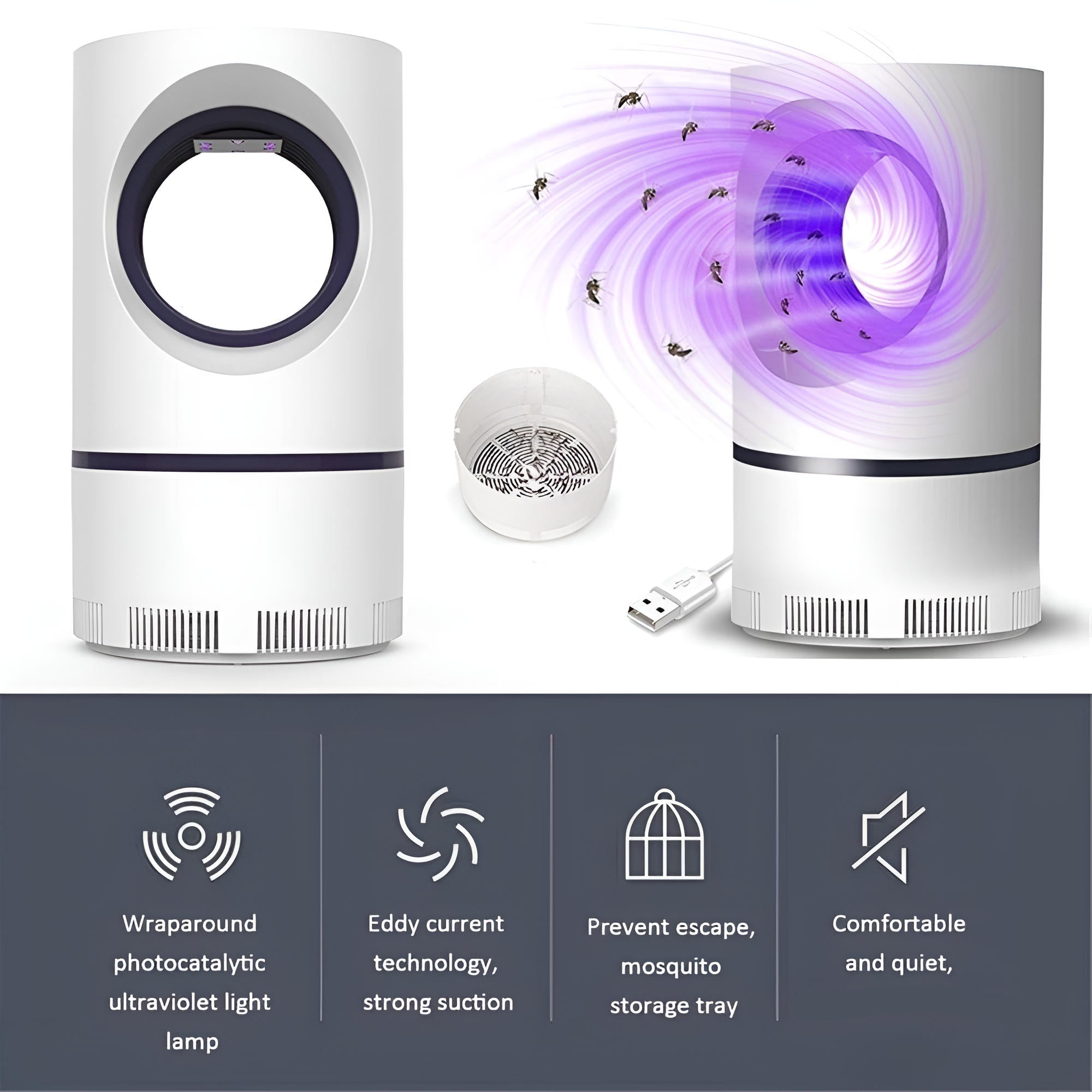 UV Light Mosquito and Fly Trap with Vortex Fan System and Removable Collection Tray