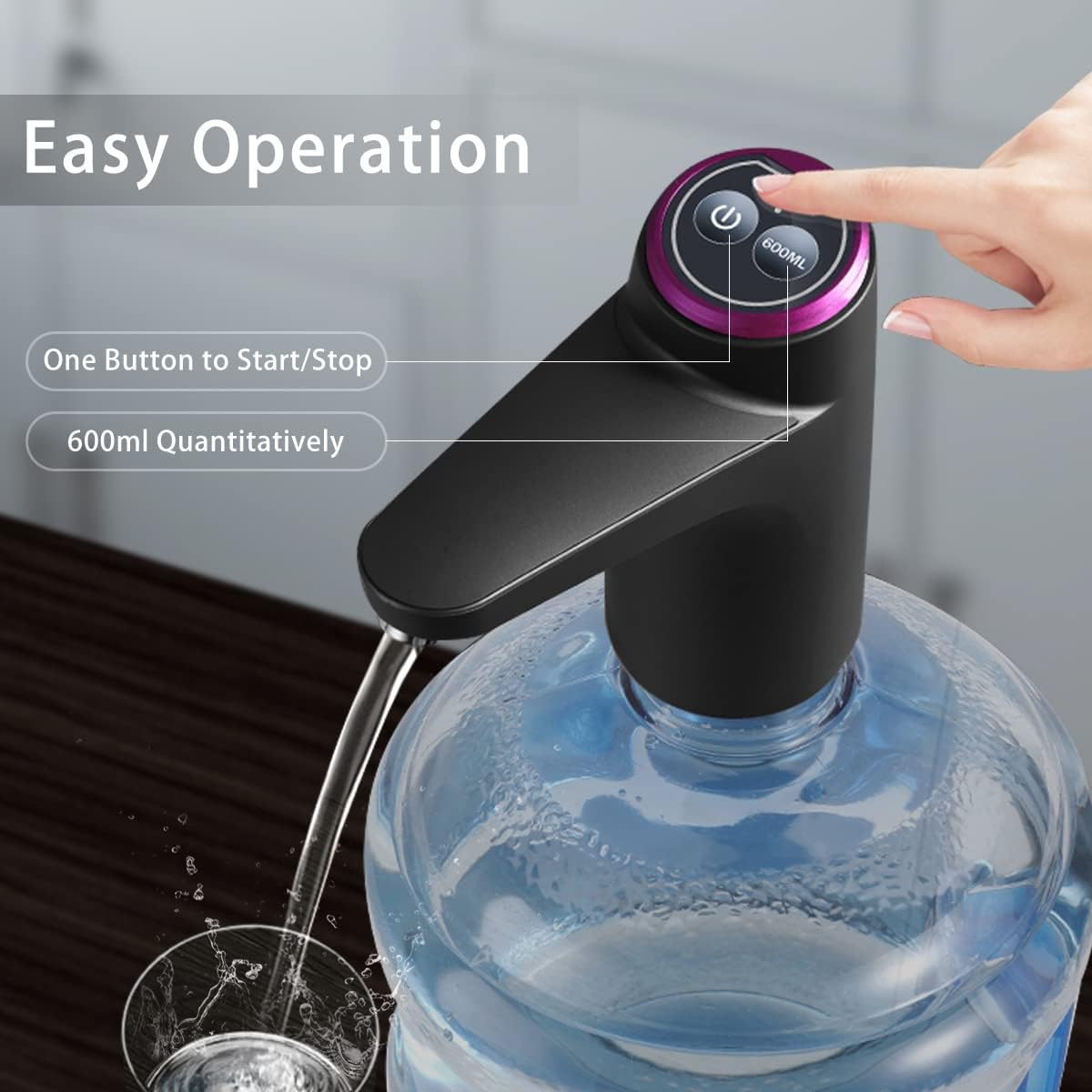 Motorized Water Bottle Pump with Automatic 600ml Dispense and USB Rechargeable Battery