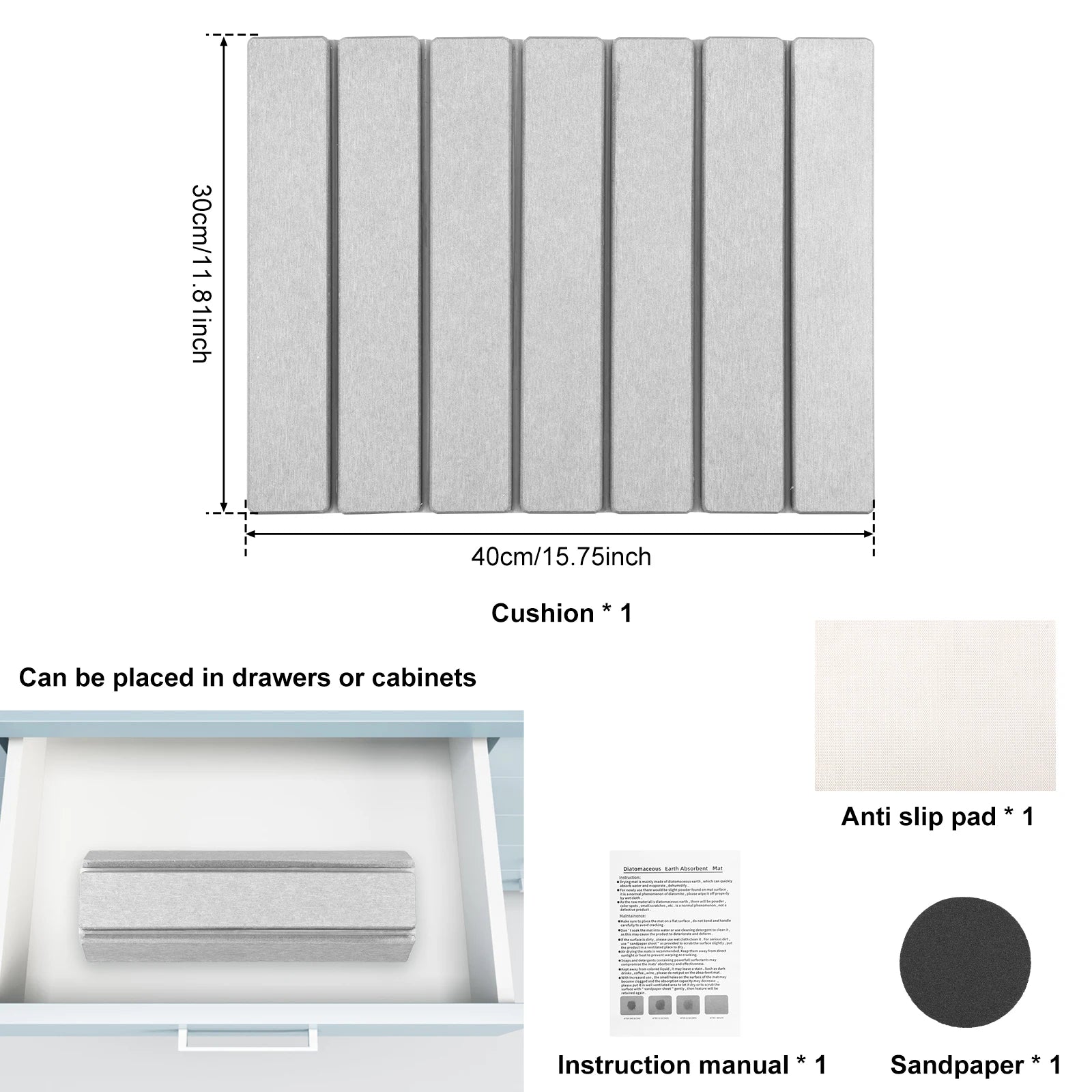 Absorbent Diatomite Stone Dish Drying Mat with Nonslip Rubber Base and Foldable Design