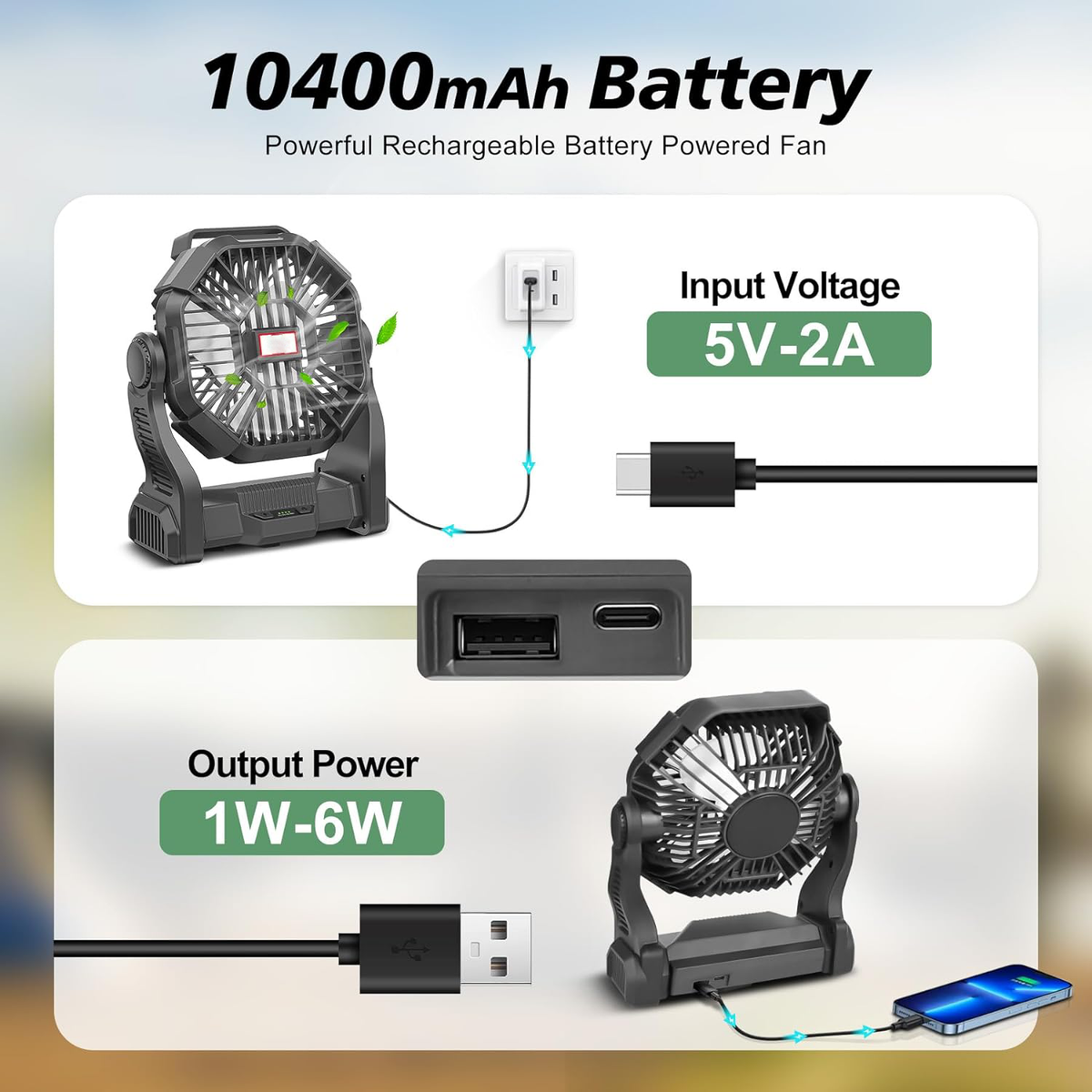 Rechargeable Camping Fan with LED Lantern and 36 Hour Runtime, 270 Rotation